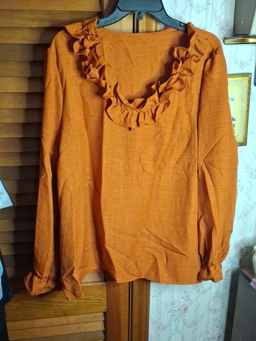 Ruffle-Neck Long Sleeve Top - Rust Brown New